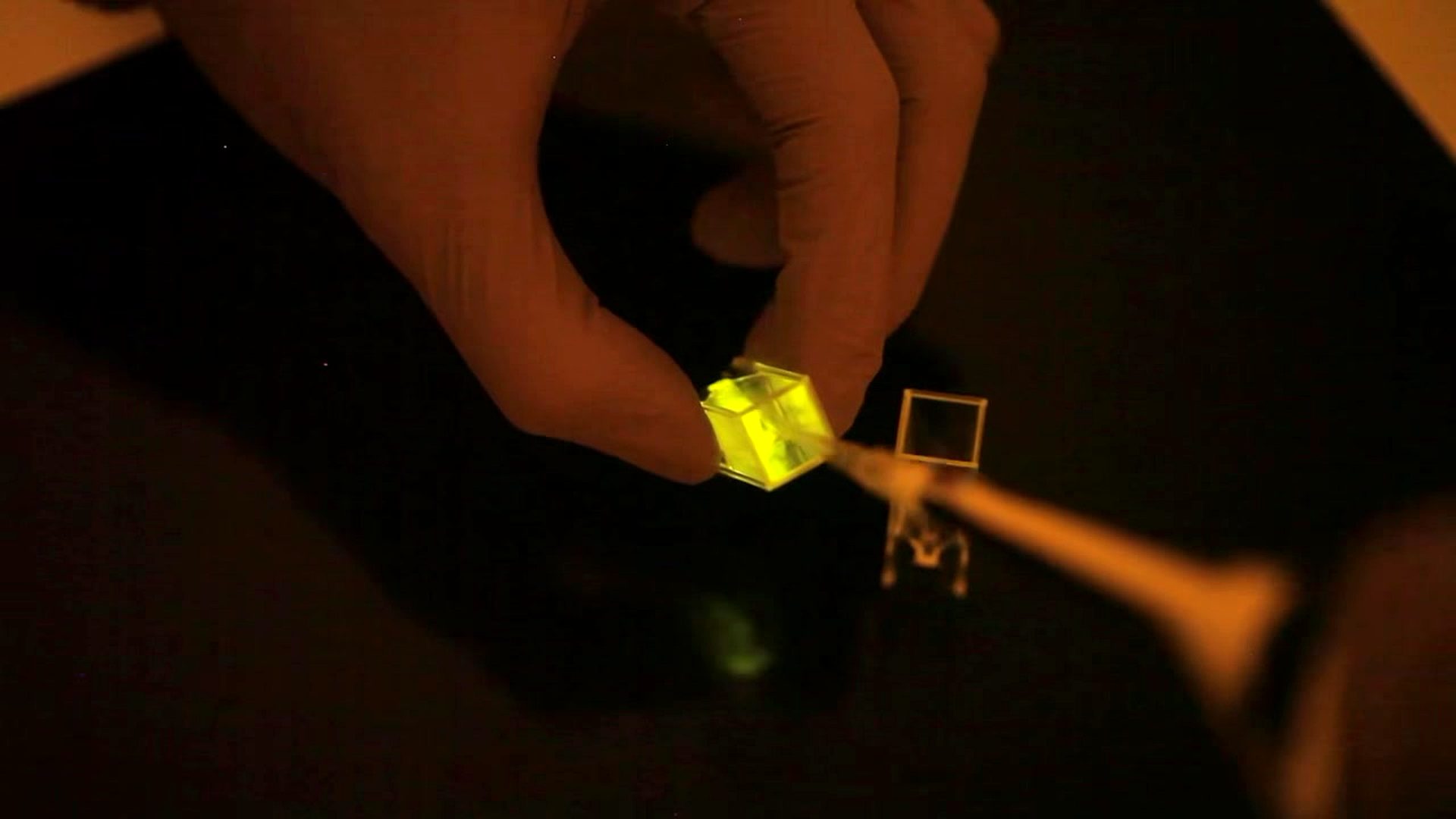 A hand holding a cuvette of brightly glowing fluorescent protein in a darkened lab